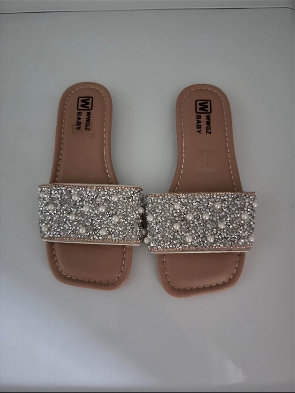 Girls Beige Slide Sandals with Pearl & Crystal Embellishment size 1
